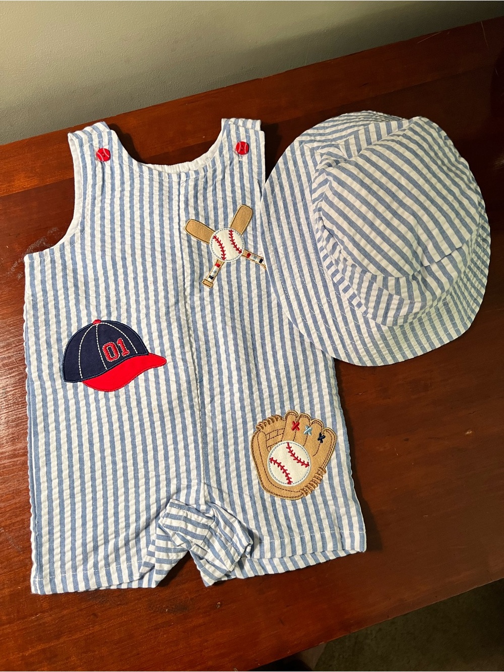 Good Lad Blue & White Striped Baby Sun Hat and Romper Set - Baseball Appliqué